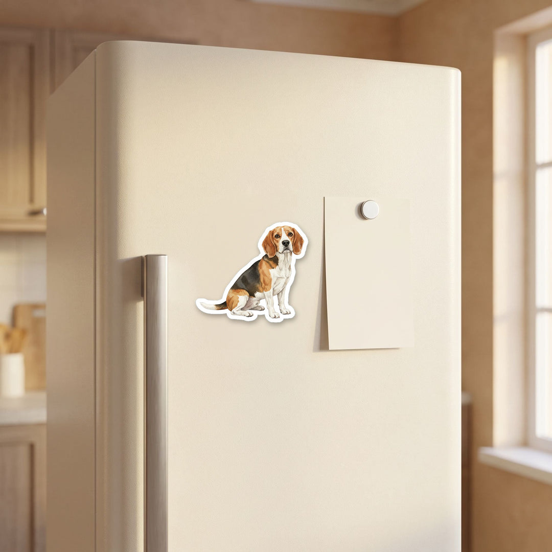 Beagle Tan and White watercolor magnet on a refrigerator door