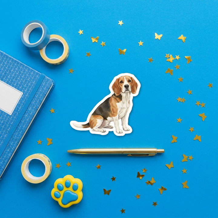 Beagle Tan White Watercolor Sticker brand flat lay - Designs by Mysh