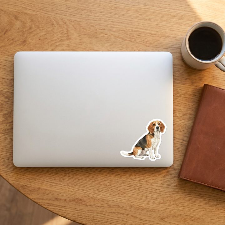 Beagle Tan White Watercolor Sticker on a laptop - Designs by Mysh