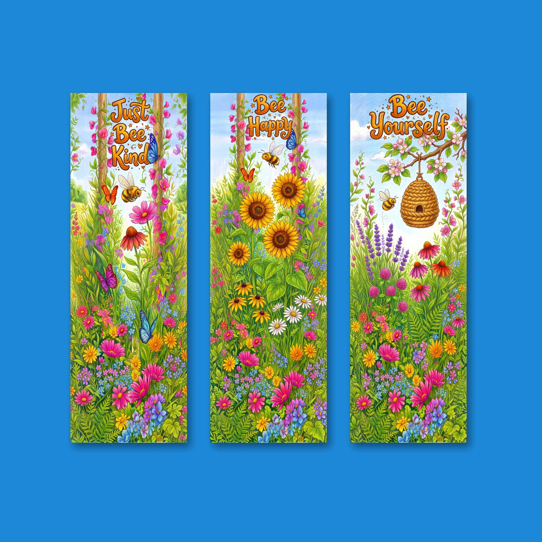 Bee bookmark set of 3: Just Bee Kind, Bee Happy and Bee Yourself 2x6 colored-pencil bookmarks with honey-gold lettering by Designs by Mysh