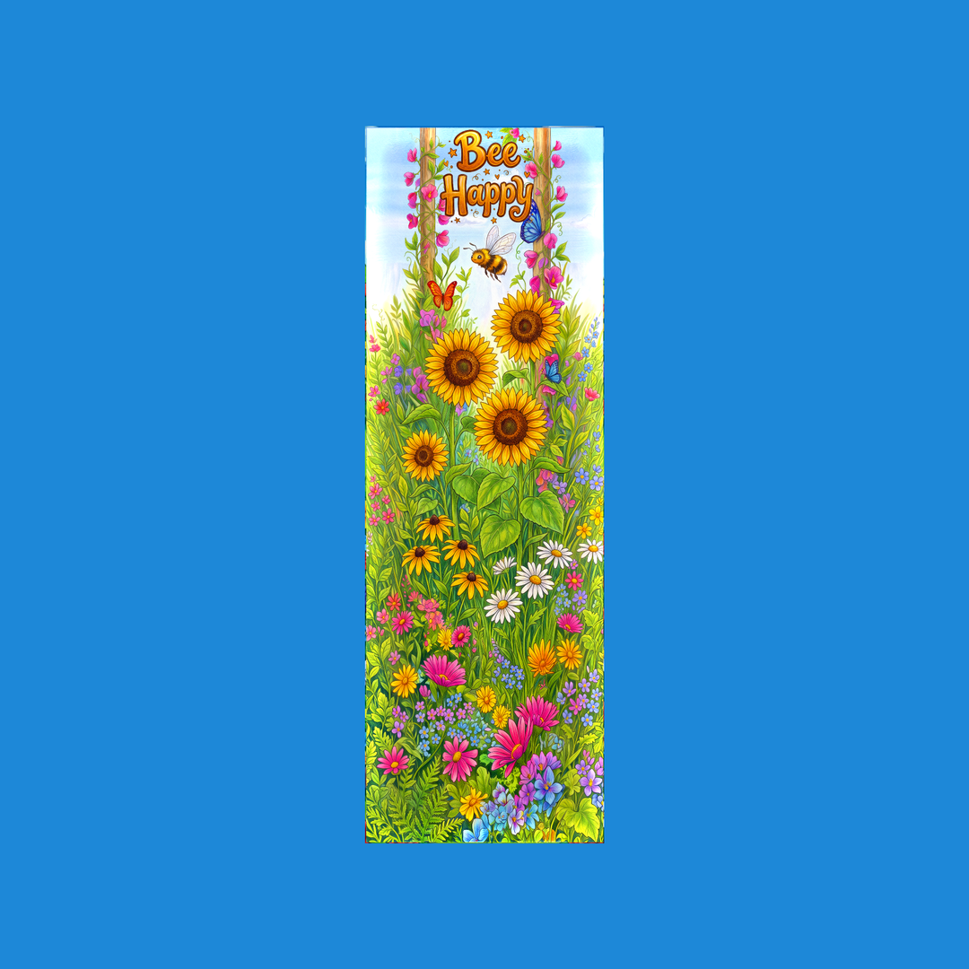 Bee Happy 2x6 bookmark: bumblebee between sweet pea posts above sunflowers and a wildflower meadow, honey-gold hand lettering - colored-pencil storybook art by Designs by Mysh