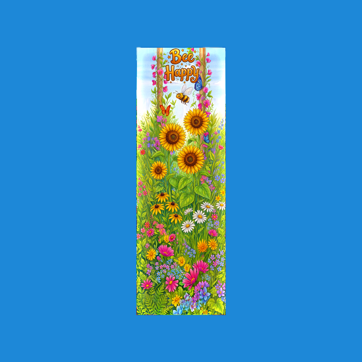 Bee Happy 2x6 bookmark: bumblebee between sweet pea posts above sunflowers and a wildflower meadow, honey-gold hand lettering - colored-pencil storybook art by Designs by Mysh
