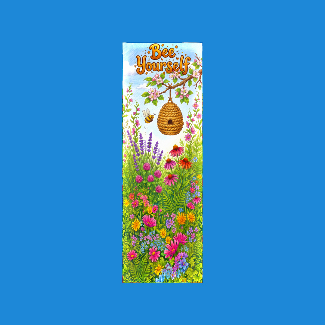 Bee Yourself 2x6 bookmark: skep beehive on a blossoming apple branch, bumblebee, lavender and wildflower meadow, honey-gold hand lettering - colored-pencil storybook art by Designs by Mysh