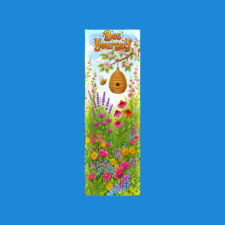 Bee Yourself 2x6 bookmark: skep beehive on a blossoming apple branch, bumblebee, lavender and wildflower meadow, honey-gold hand lettering - colored-pencil storybook art by Designs by Mysh