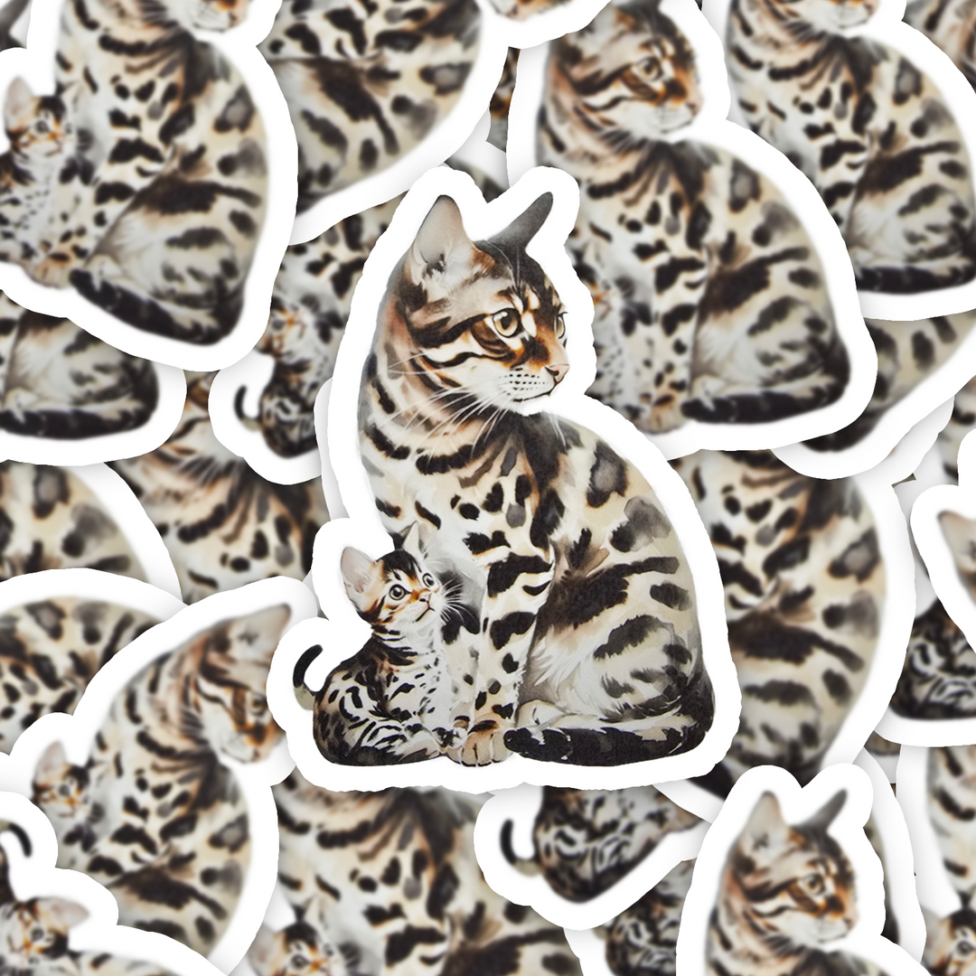 Bengal Cat Sticker, Spotted Mama & Kitten Art, Water-resistant Vinyl Decal, Exotic Cat Lover Gift, Laptop or Journal - Designs by Mysh