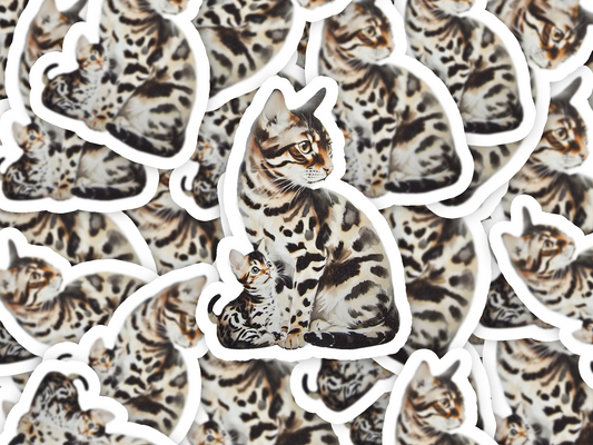 Bengal Cat Sticker, Spotted Mama & Kitten Art, Waterproof Vinyl Decal, Exotic Cat Lover Gift, Laptop or Journal