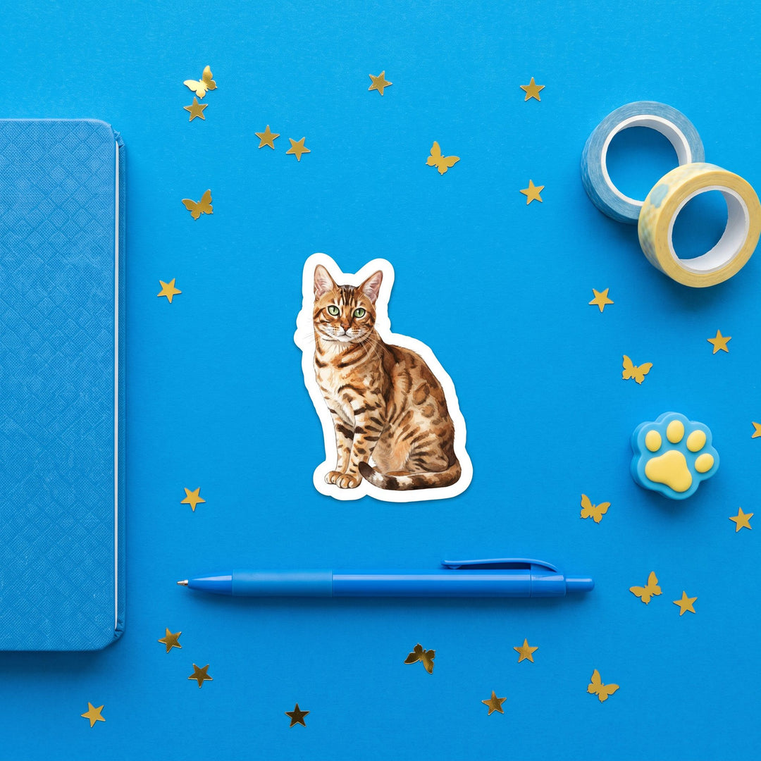 Bengal Brown Spotted Tabby Watercolor Sticker brand flat lay - Designs by Mysh