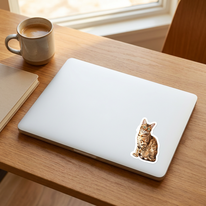Bengal Brown Spotted Tabby Watercolor Sticker on a laptop - Designs by Mysh