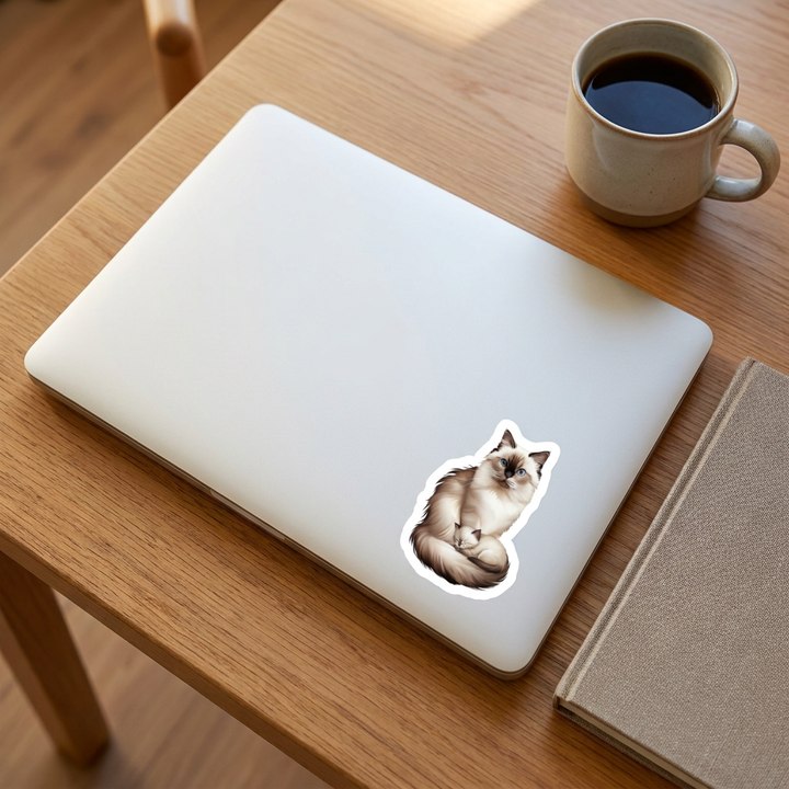 Birman Seal Point Cat Kitten Watercolor Sticker on a laptop - Designs by Mysh