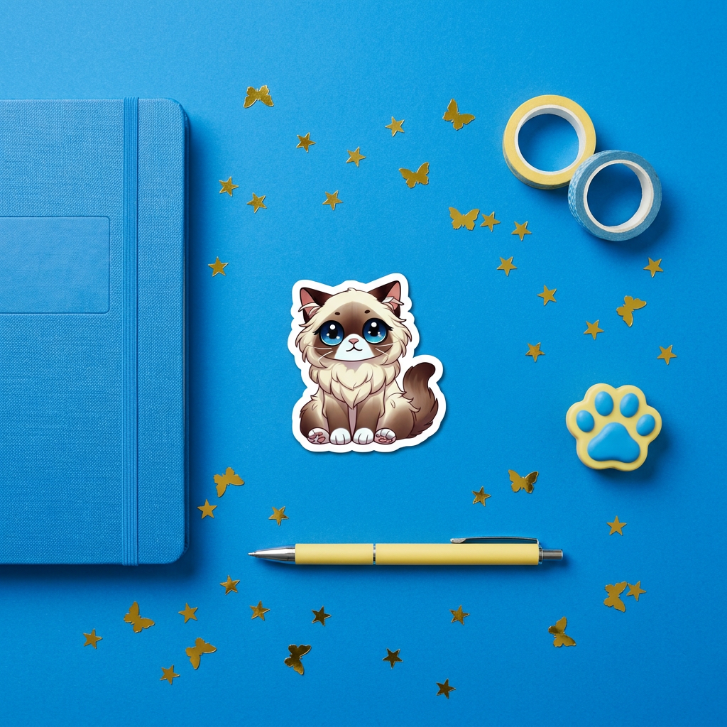 Birman Seal Point Kawaii Magnet in a blue flat lay