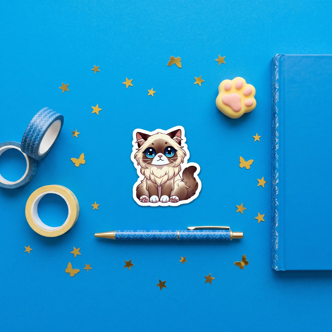 Birman Seal Point Kawaii Sticker brand flat lay - Designs by Mysh