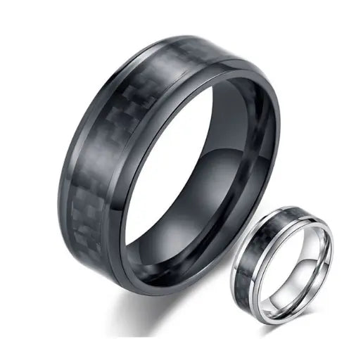 Black Carbon Fiber Inlay Men's Wedding Brand Ring Stainless Steel Jewelry - Designs by Mysh