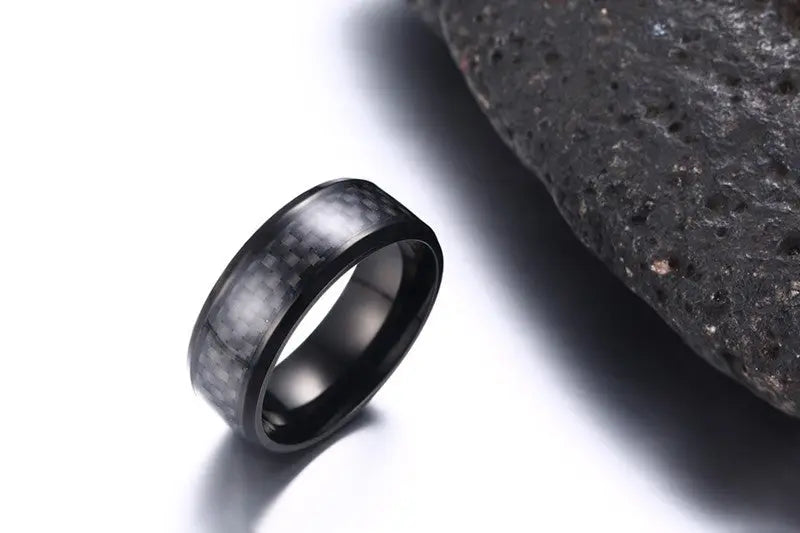 Black Carbon Fiber Inlay Men's Wedding Brand Ring Stainless Steel Jewelry - Designs by Mysh