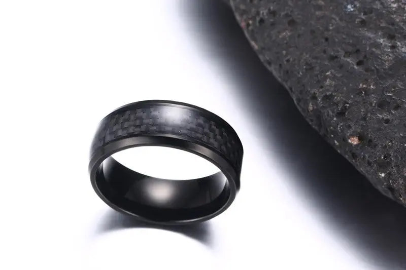 Black Carbon Fiber Inlay Men's Wedding Brand Ring Stainless Steel Jewelry - Designs by Mysh