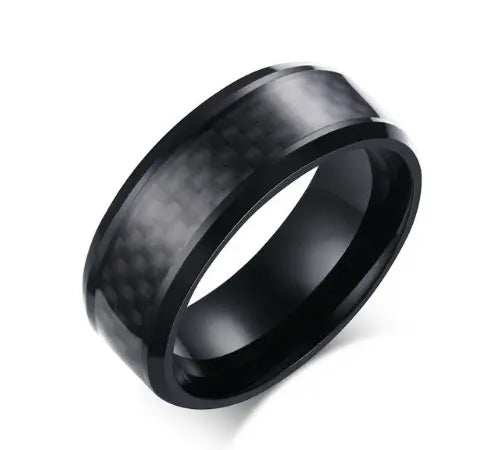 Black Carbon Fiber Inlay Men's Wedding Brand Ring Stainless Steel Jewelry - Designs by Mysh