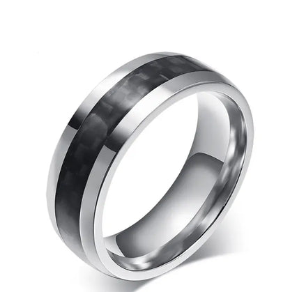 Black Carbon Fiber Inlay Men's Wedding Brand Ring Stainless Steel Jewelry - Designs by Mysh