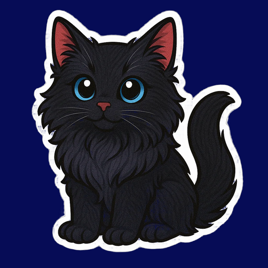 Cartoon black cat with blue eyes on a white background