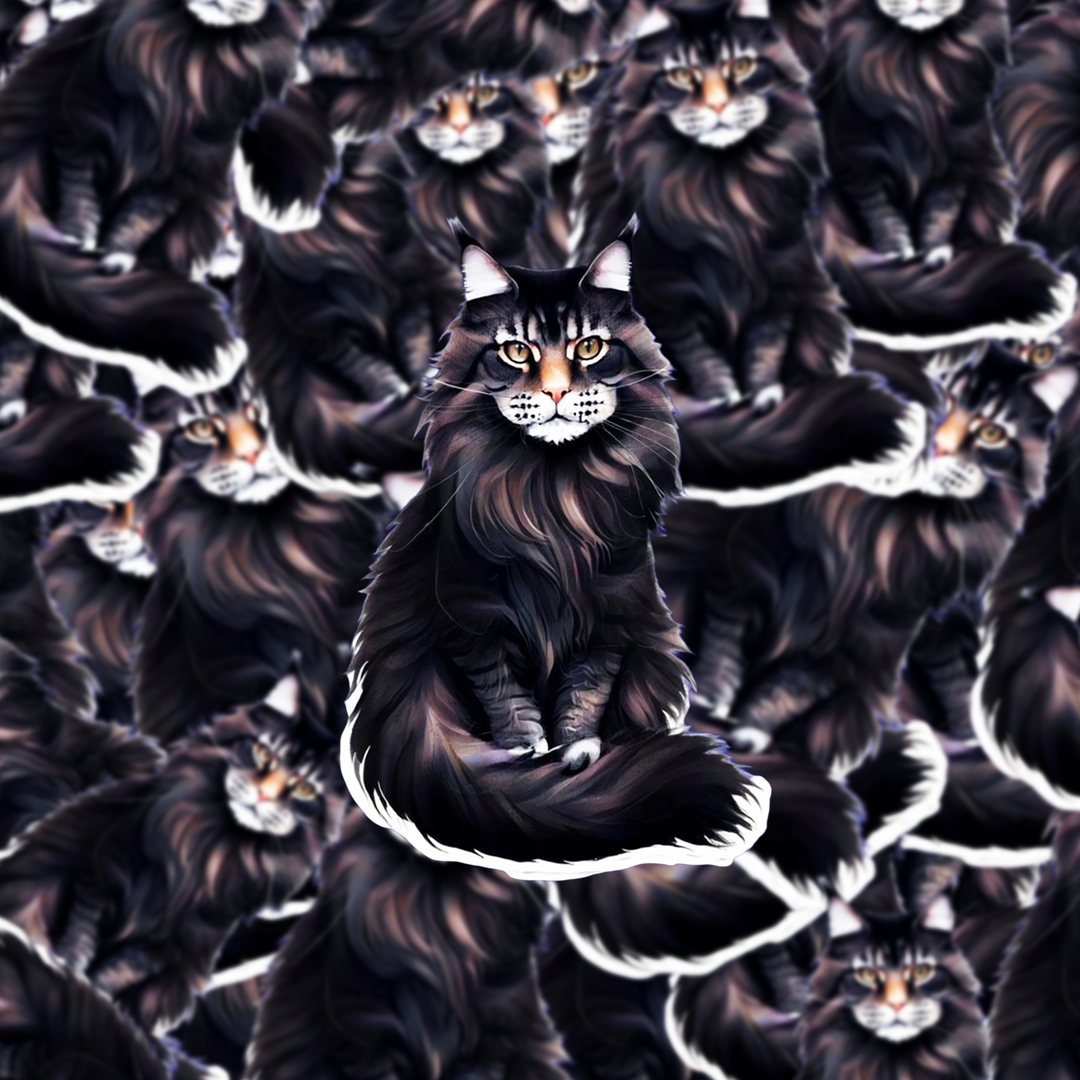 Black Maine Coon Cat Sticker, Longhaired Cat Decal, Waterproof Vinyl Sticker, Cat Lover Gift, Realistic Pet Art for Laptop or Bottle - Designs by Mysh