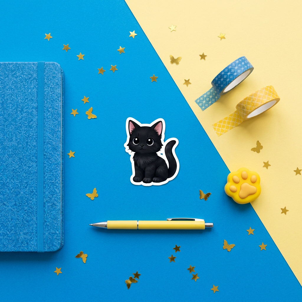 Black Cat Kawaii Sticker brand flat lay - Designs by Mysh