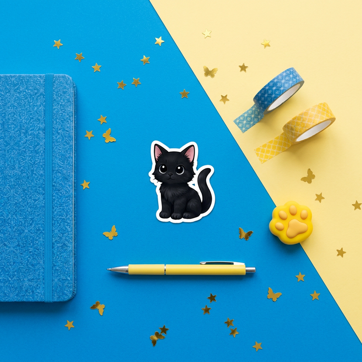 Black Cat Kawaii Sticker brand flat lay - Designs by Mysh