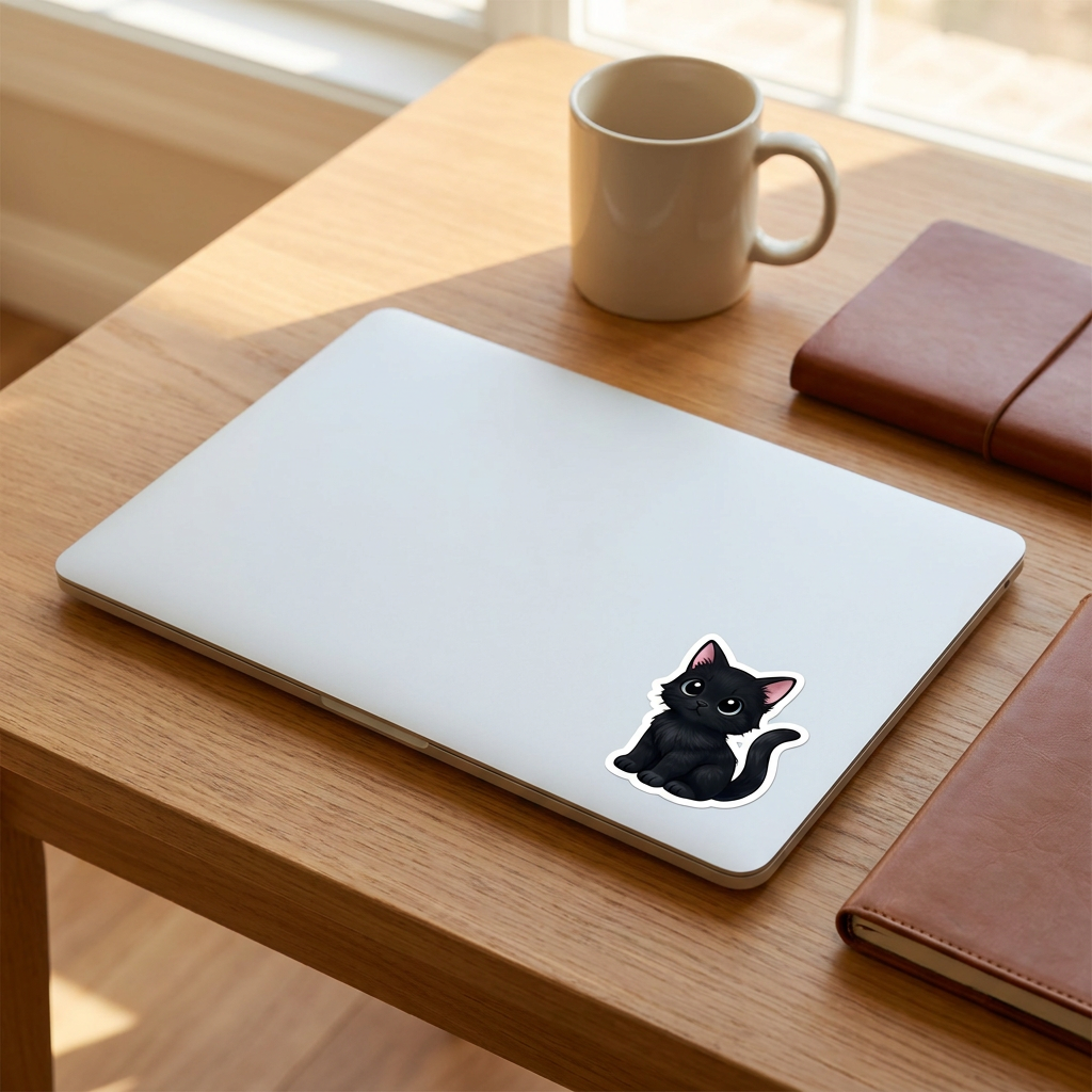 Black Cat Kawaii Sticker on a laptop - Designs by Mysh
