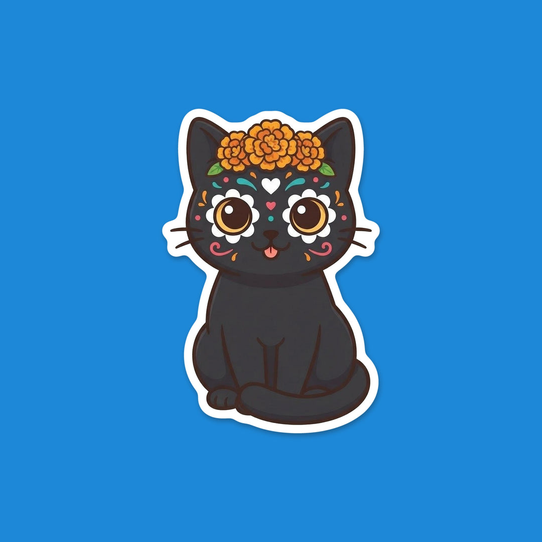 Kawaii black cat with sugar skull face markings and a marigold crown Día de los Muertos vinyl sticker – Designs by Mysh
