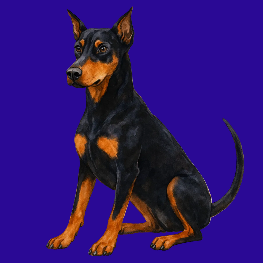 Black and tan dog sitting on a textured beige background