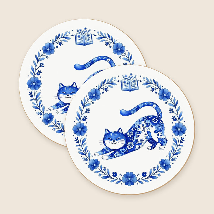 Set of two Blue Folk Art Cat round ceramic coasters – Designs by Mysh