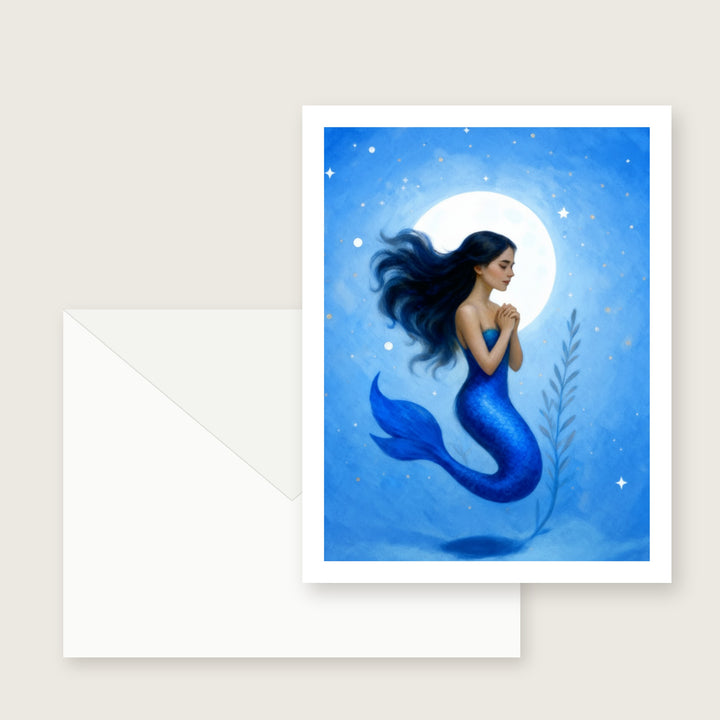 Blue mermaid watercolor greeting card with a glowing full moon and stars, shown with a white envelope