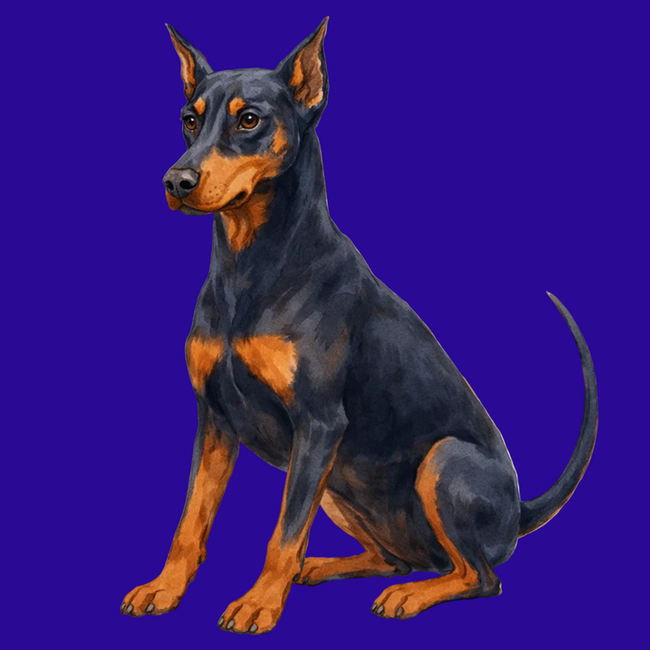 Dog with black and brown coat sitting on a textured beige background