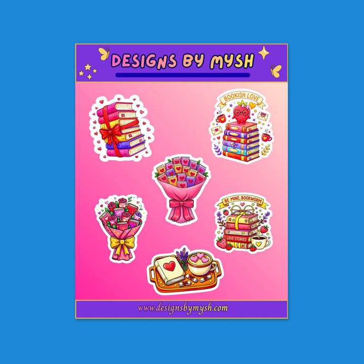 Bookish Valentine glossy sticker sheet with stacks of books, hearts, strawberries, love notes, and bookish phrases, 4x6 – Designs by Mysh