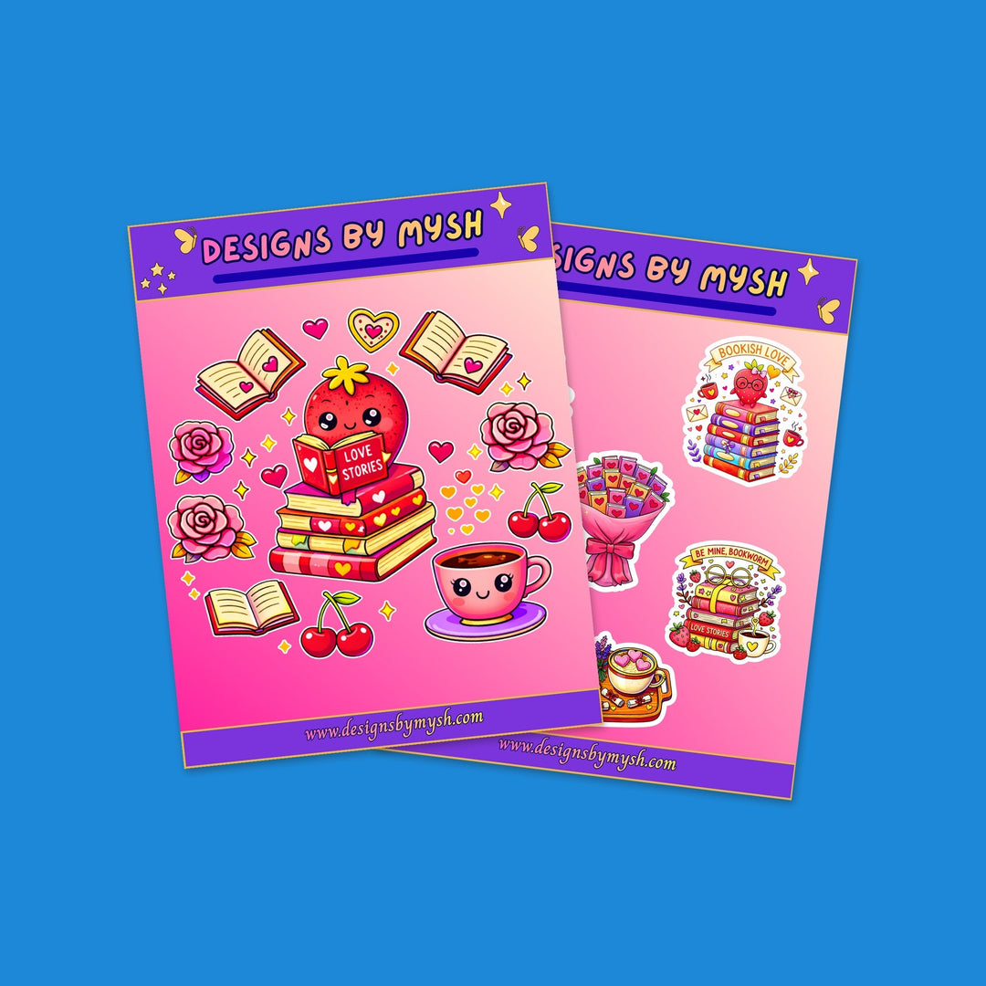 Bookish Valentine sticker sheet bundle: Love Stories strawberry sheet and Bookish Love planner sheet, glossy 4x6 – Designs by Mysh