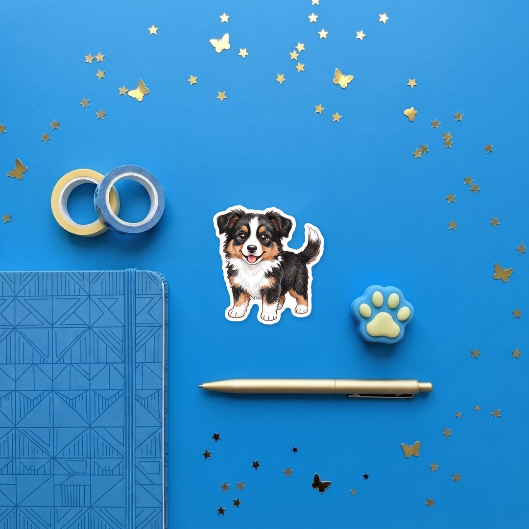 Border Collie Black Tricolor kawaii magnet flat lay with stationery – Designs by Mysh