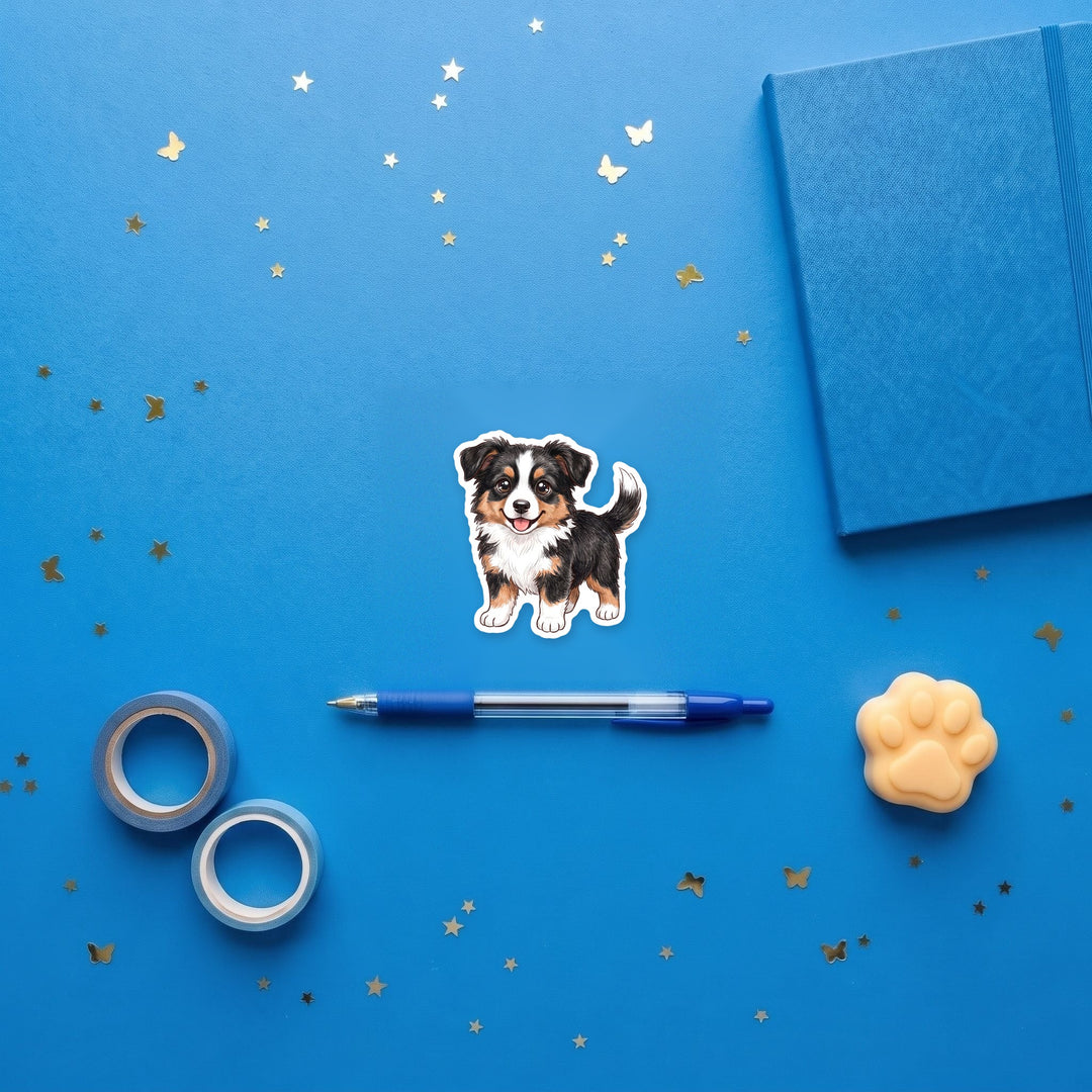 Border Collie Black Tricolor kawaii sticker flat lay with stationery – Designs by Mysh