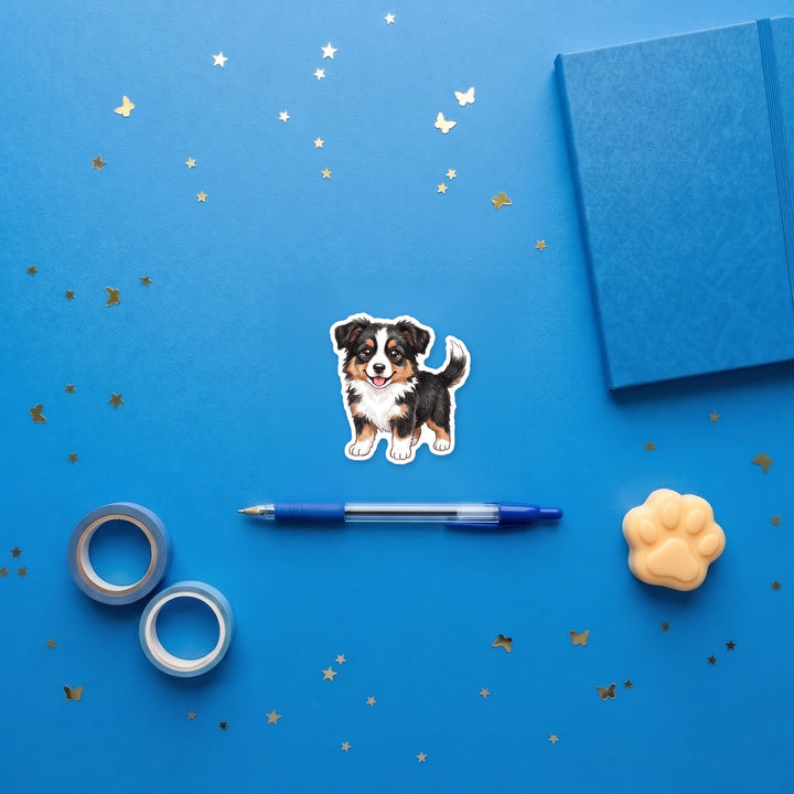 Border Collie Black Tricolor kawaii sticker flat lay with stationery – Designs by Mysh