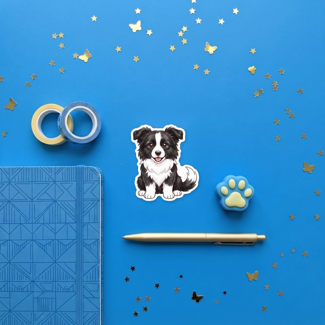 Border Collie Black &amp; White kawaii magnet flat lay with stationery – Designs by Mysh