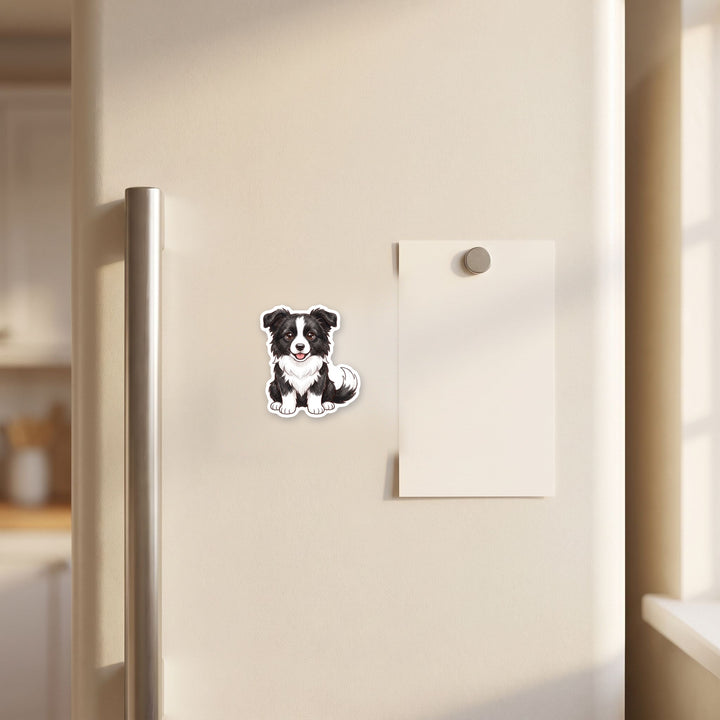 Border Collie Black &amp; White kawaii magnet on a fridge – Designs by Mysh