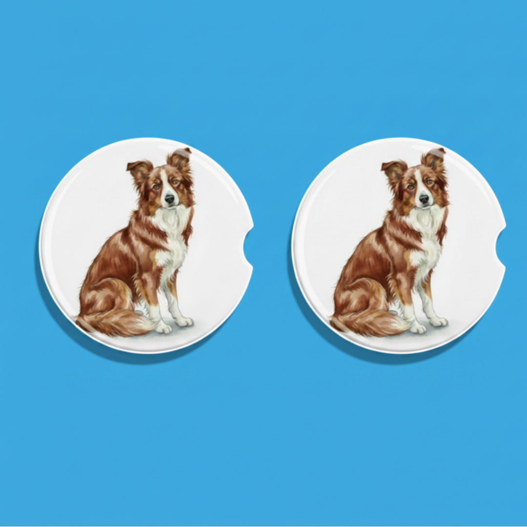 Border Collie Red Merle Watercolor Style – Ceramic Car Coasters - Designs by Mysh