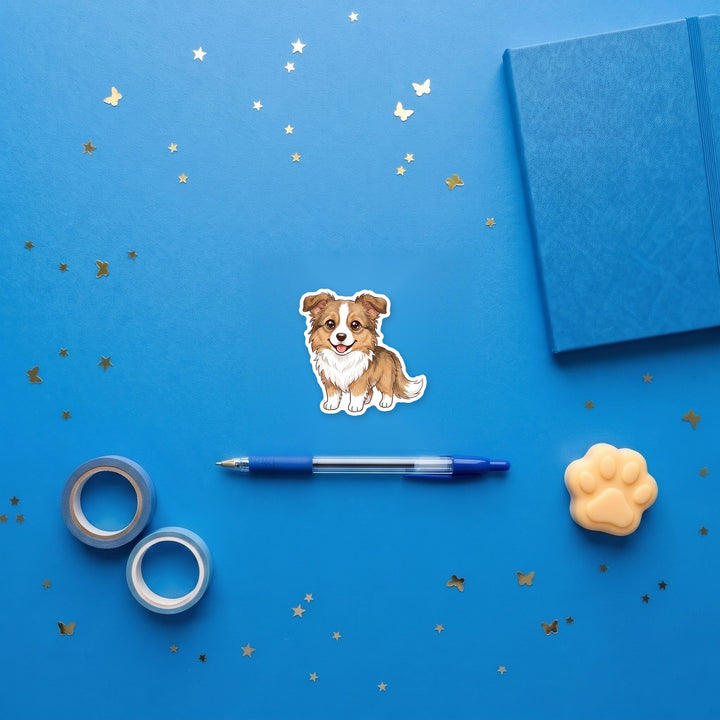 Border Collie Sable kawaii sticker flat lay with stationery – Designs by Mysh