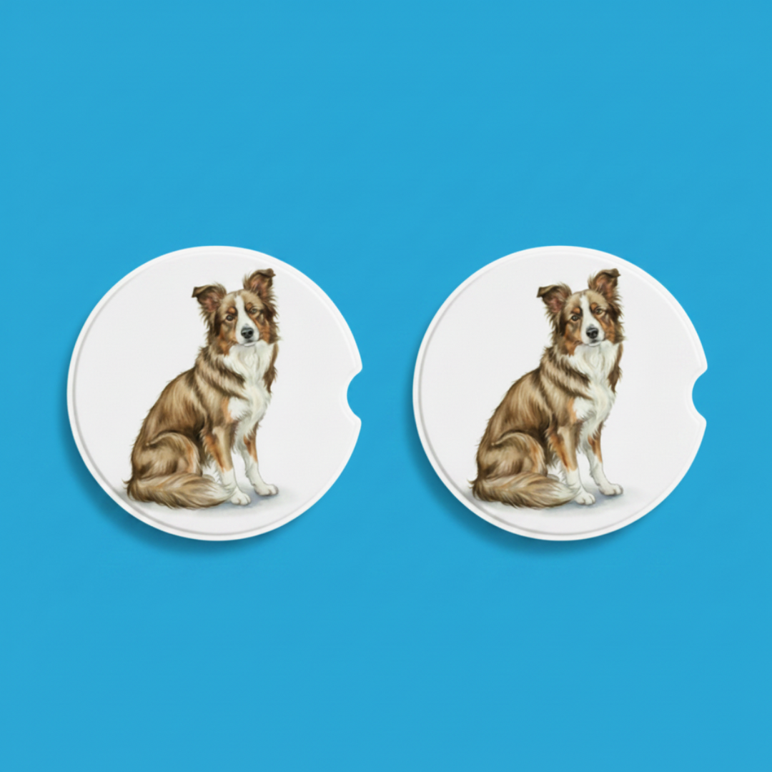 Border Collie Sable Watercolor Style – Ceramic Car Coasters - Designs by Mysh