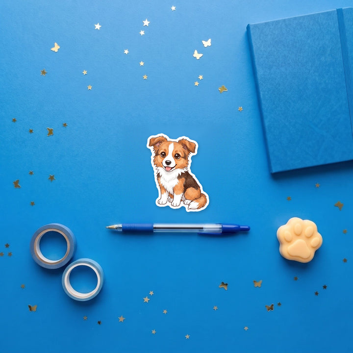 Border Collie Saddleback Sable kawaii sticker flat lay with stationery – Designs by Mysh