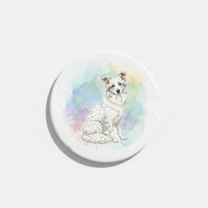 Single round ceramic car coaster featuring a watercolor-style illustration of a Border Collie with a white coat with ticking, sold individually.