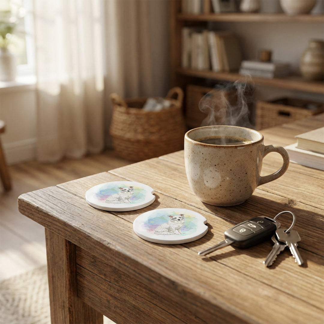 Border Collie car coasters with a white coat with ticking styled on a wooden side table beside a steaming coffee mug and a set of keys.