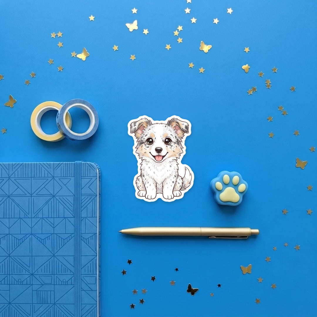 Border Collie White Ticked kawaii magnet flat lay with stationery – Designs by Mysh