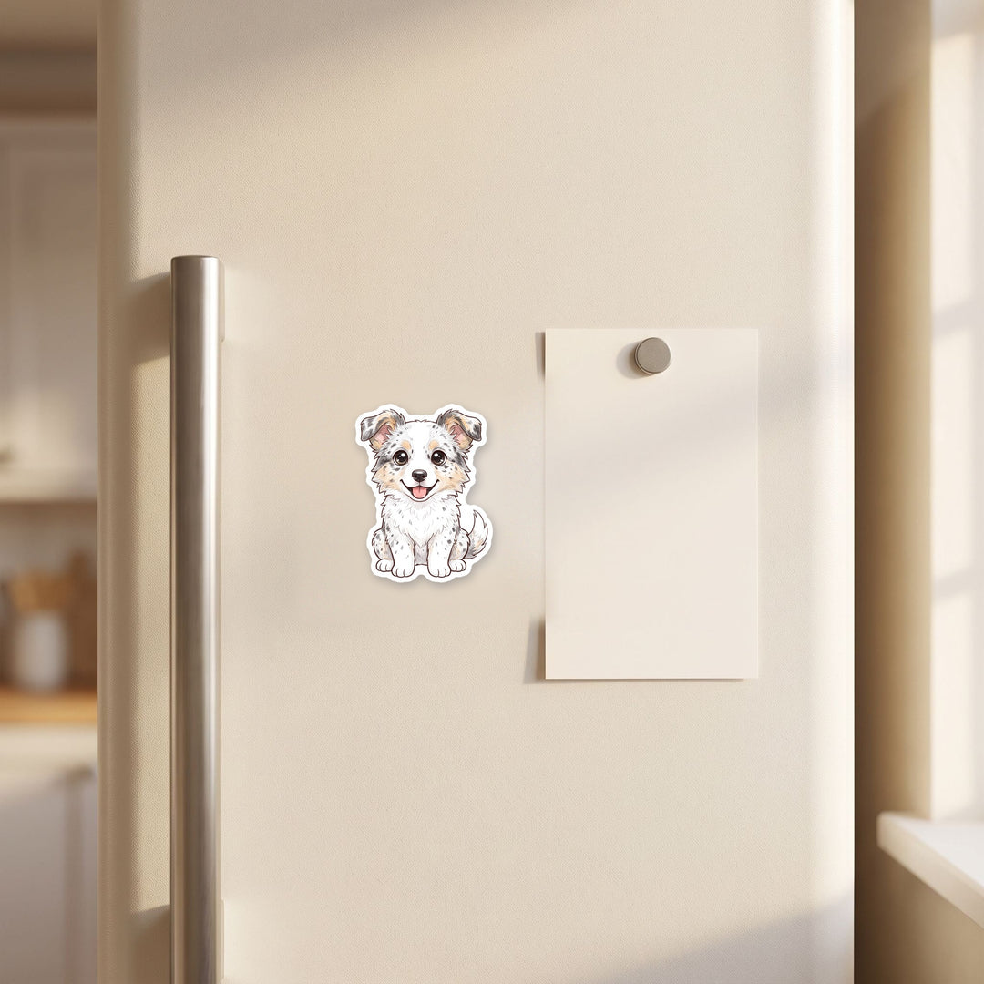 Border Collie White Ticked kawaii magnet on a fridge – Designs by Mysh