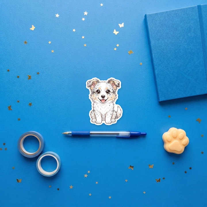 Border Collie White Ticked kawaii sticker flat lay with stationery – Designs by Mysh