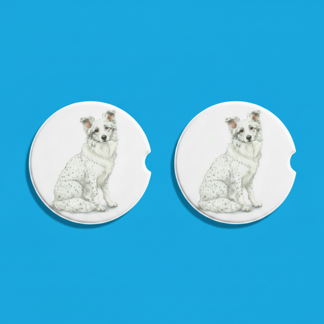 Border Collie White with ticking Watercolor Style – Ceramic Car Coasters - Designs by Mysh