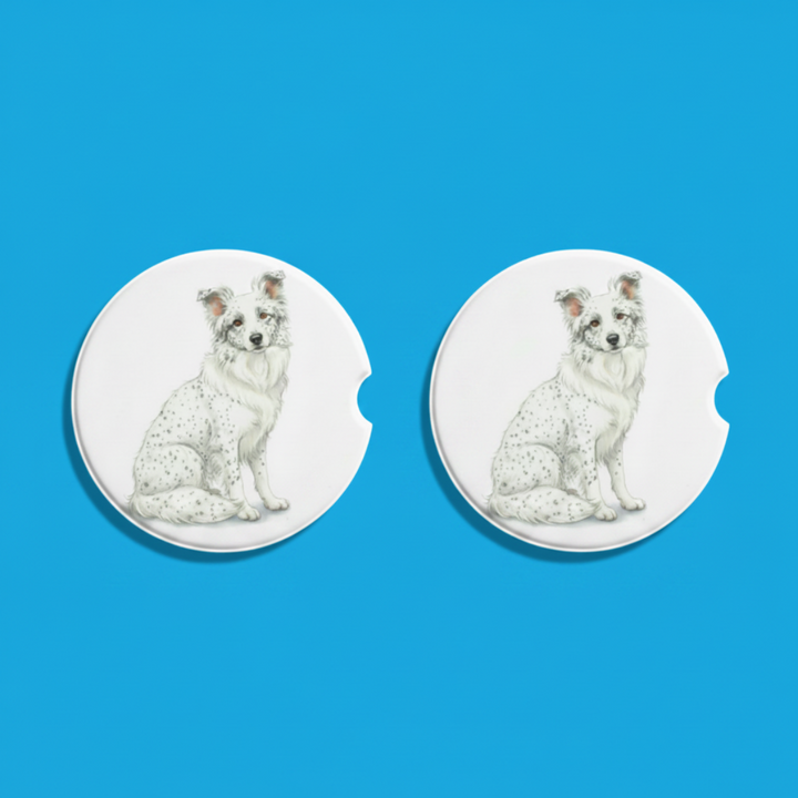 Border Collie White with ticking Watercolor Style – Ceramic Car Coasters - Designs by Mysh