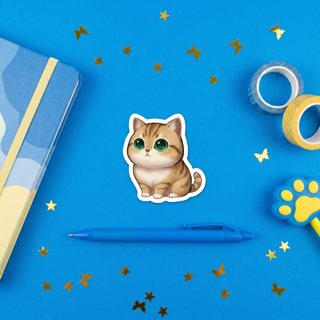 British Shorthair Golden Tabby kawaii vinyl sticker 3 inch flat lay with blue and yellow stationery – Designs by Mysh