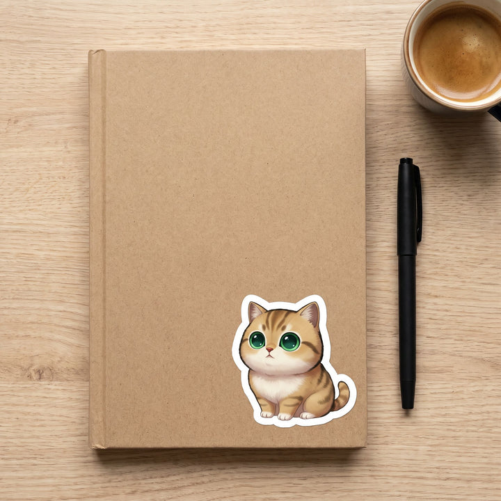British Shorthair Golden Tabby kawaii vinyl sticker on a kraft journal cover – Designs by Mysh